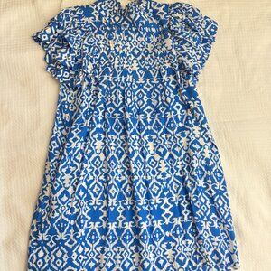 Blue & White Geo Ruffle Sleeve Simmons Mini Dress - HYACINTH HOUSE